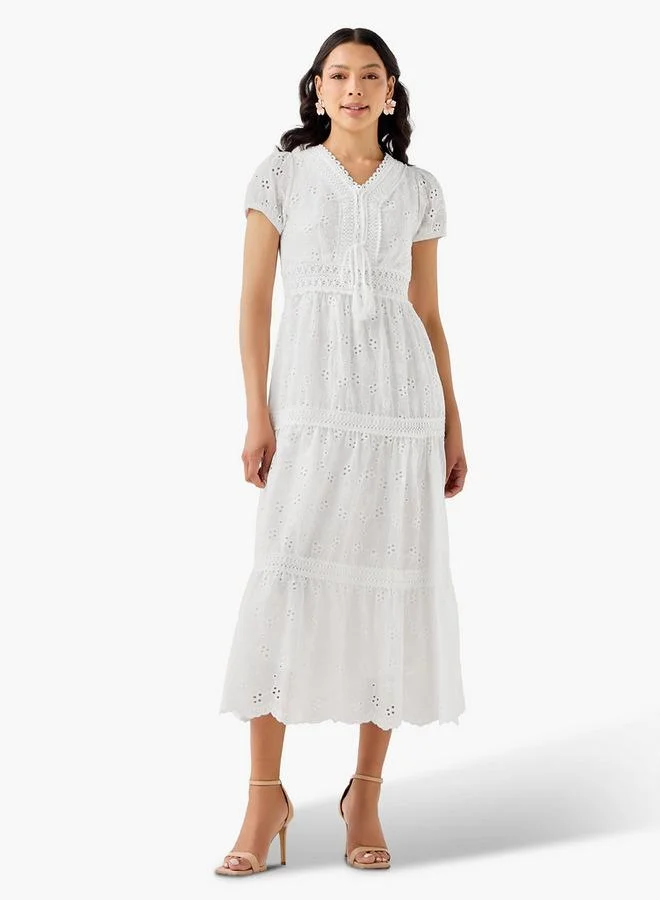 2Xtremz 2Xtremz A-line Midi Cotton Tiered Dress with Schiffli Embroidery